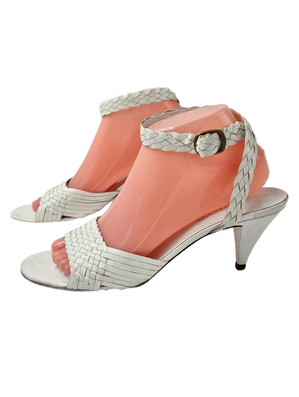 Nine West Vintage White Woven Leather Strappy Kitten Heel Sandals Brazil